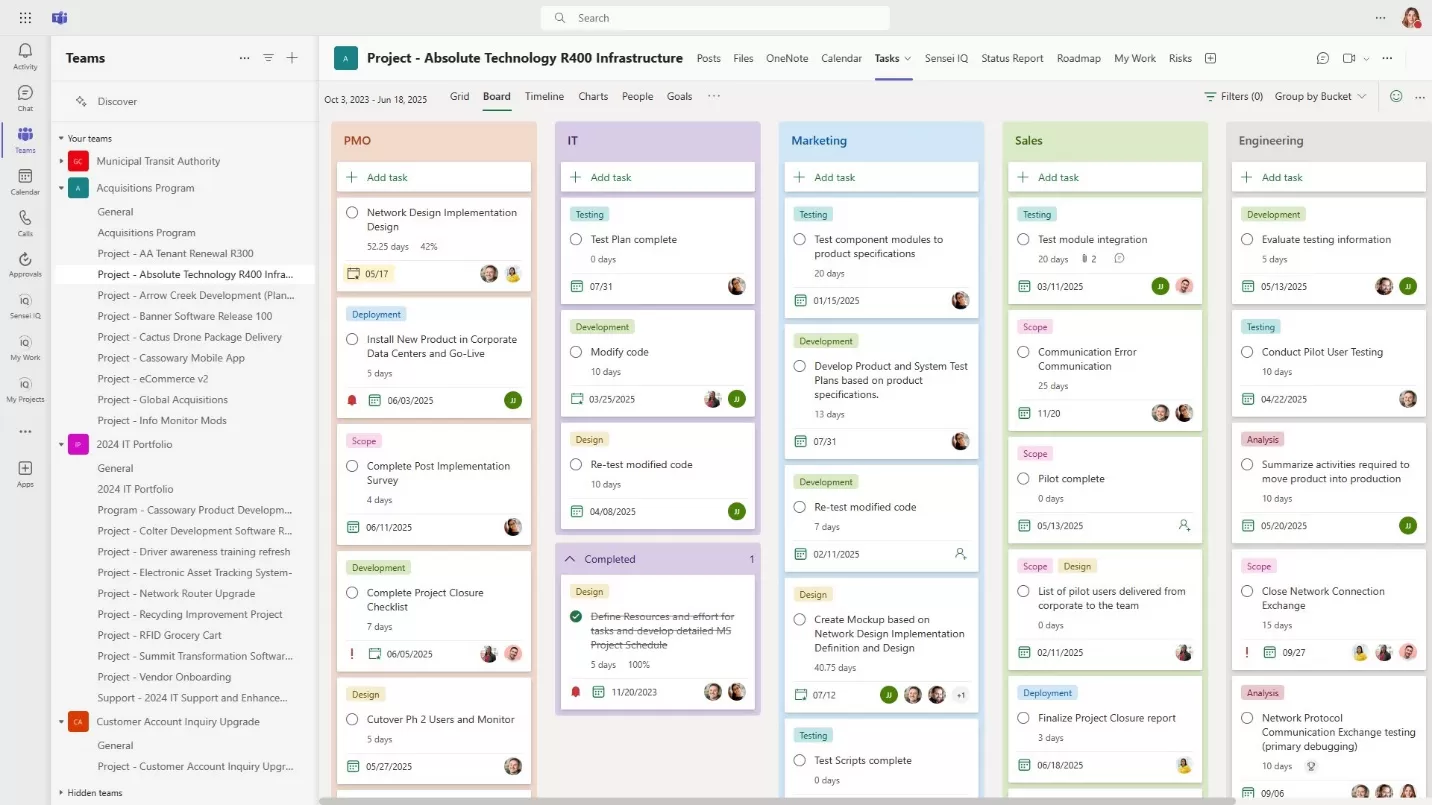 Image: Microsoft Planner interface showing plan tasks and buckets in a Kanban layout.
