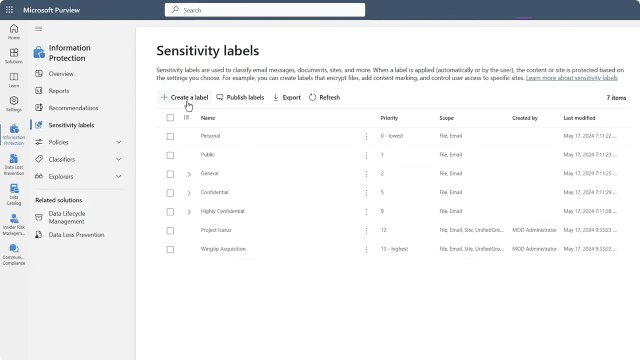 Microsoft Purview sensitivity labels screen