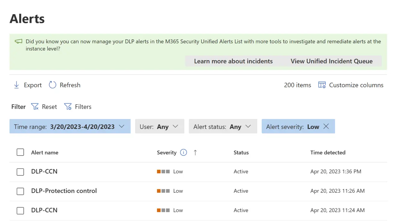 Purview DLP alert management dashboard