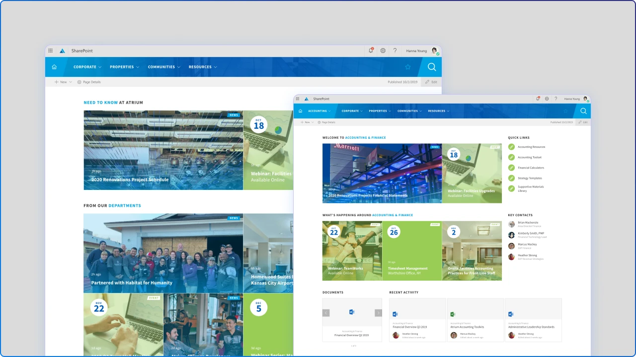 Example of the Atrium Hospitality Intranet Homepage
