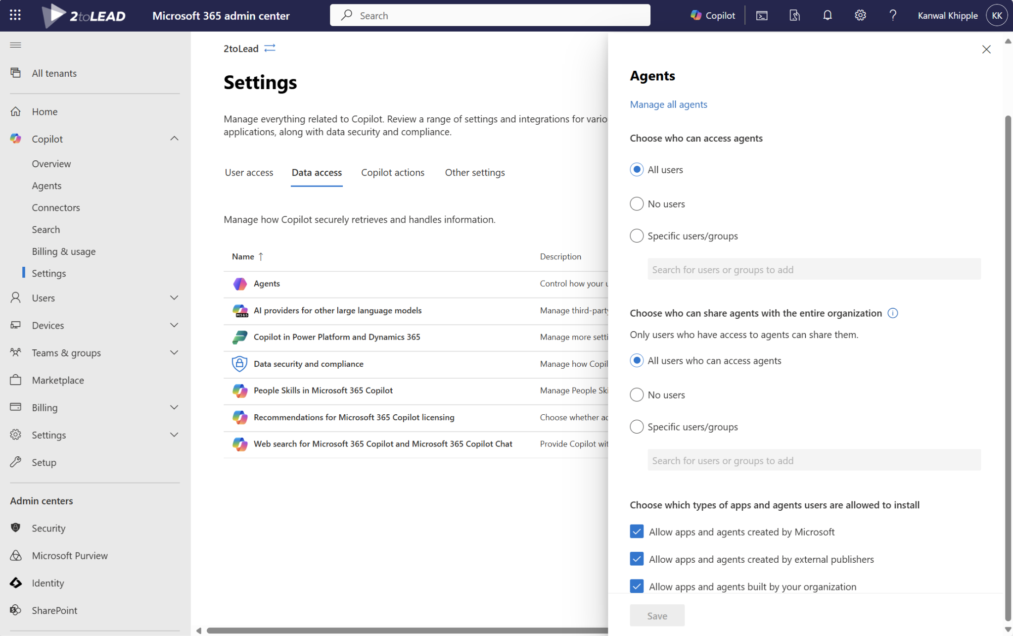 Microsoft 365 admin center—Copilot Agents settings showing “Choose who can share agents with the entire organization”