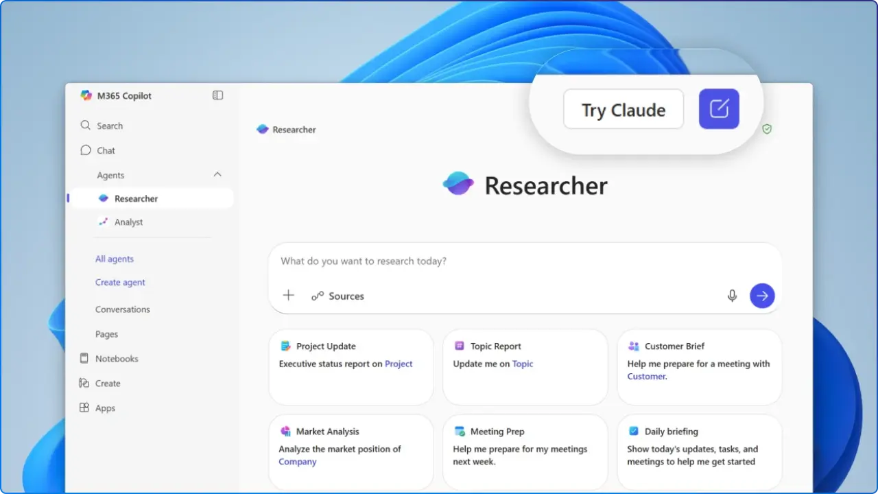 Claude option in Microsoft 365 Copilot Researcher