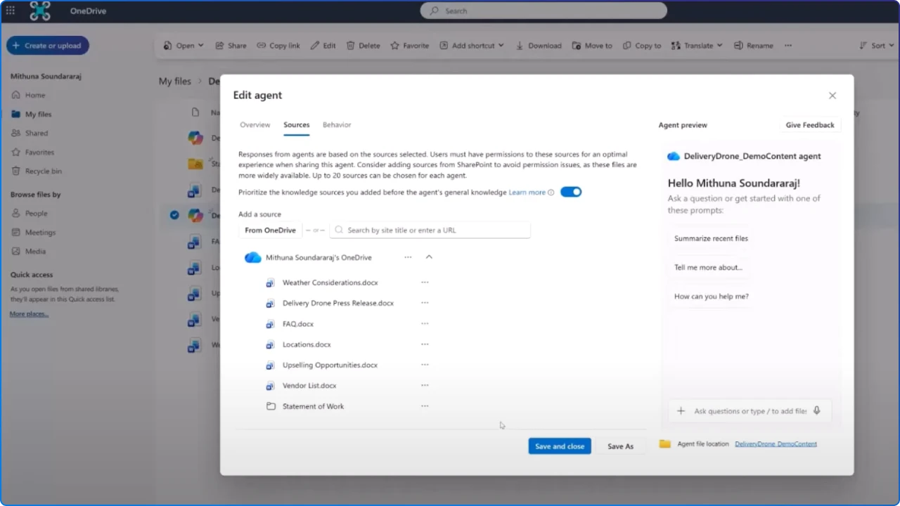 A screen of editing an agent in OneDrive