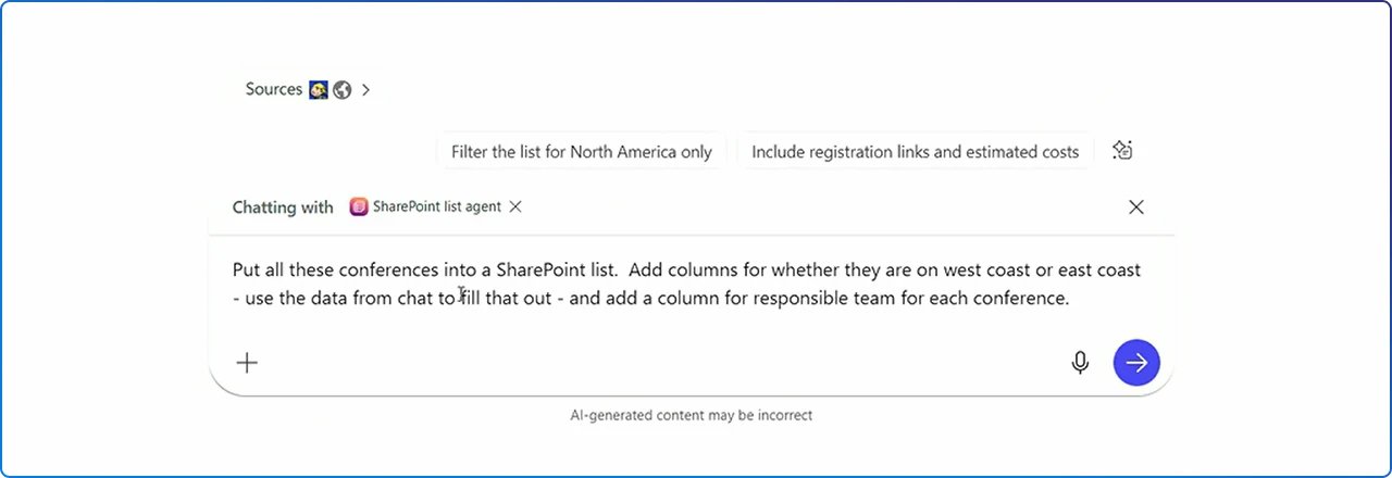 Use plain language to tell the SharePoint list agent he list we want to create