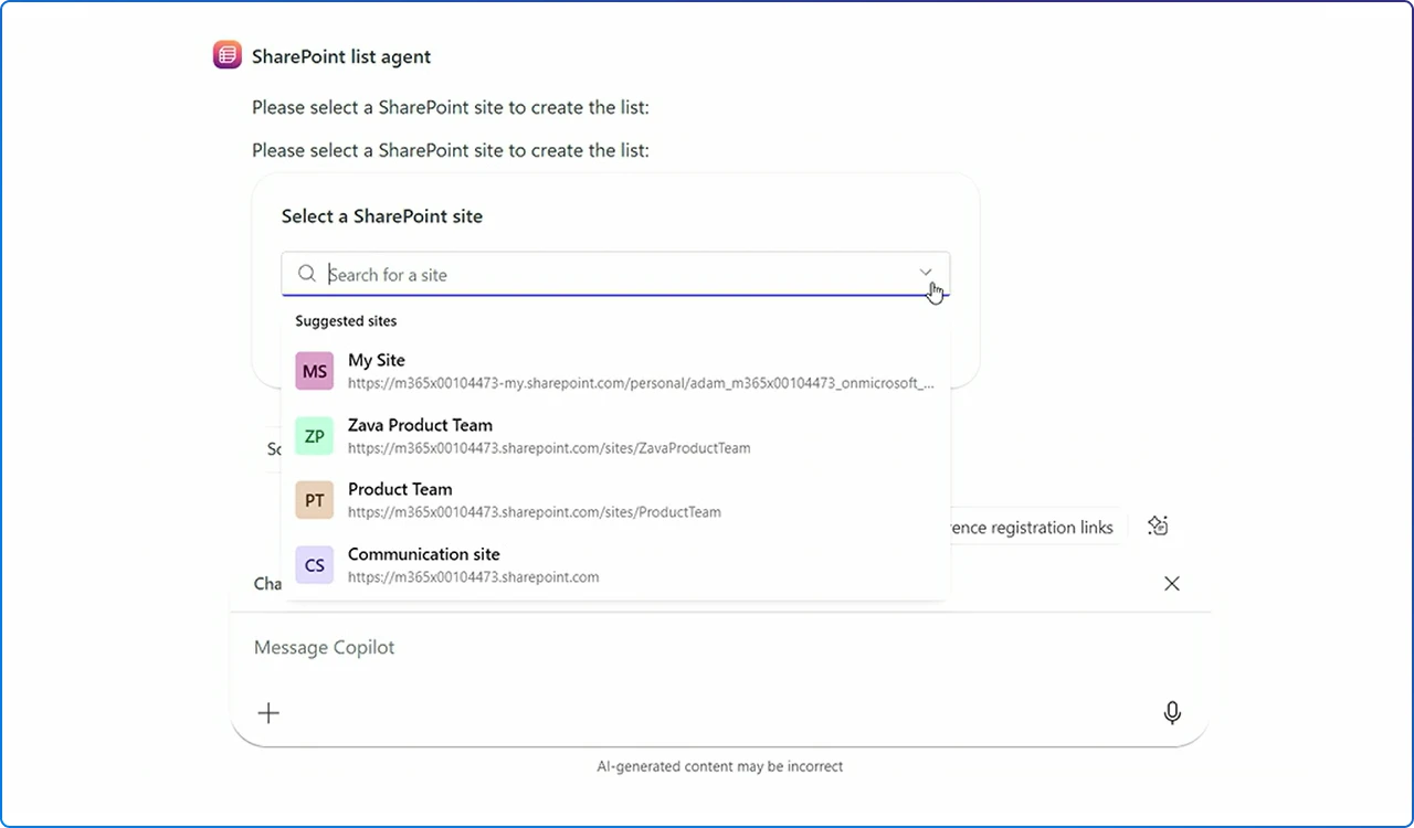 Selecting the SharePoint site where we want to create the list