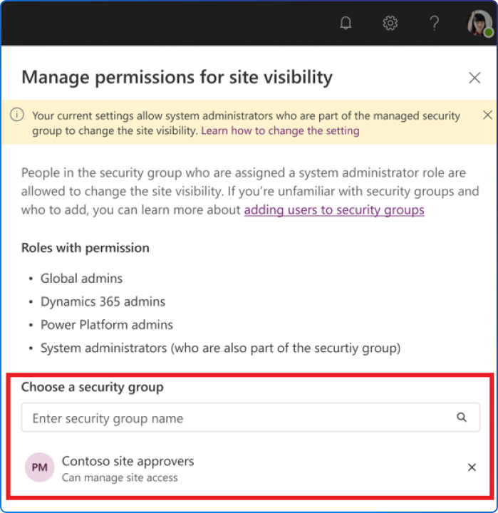 Site visibility settings 