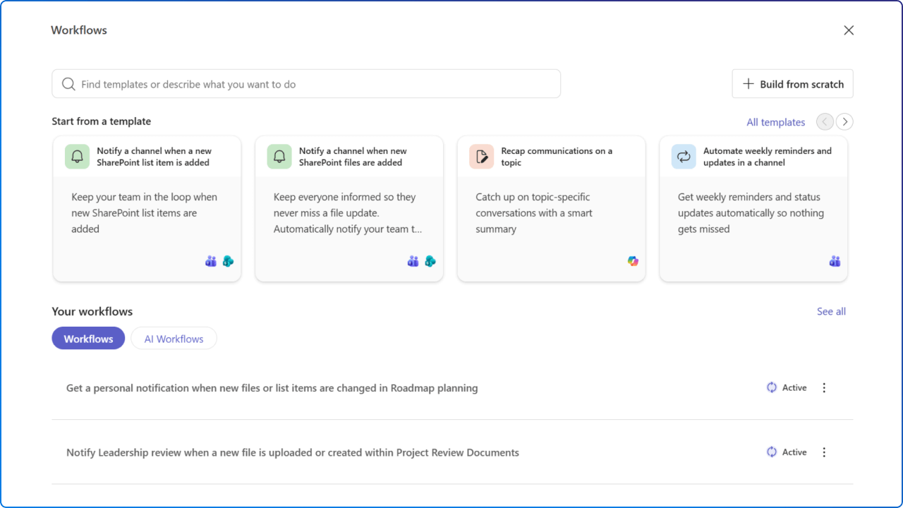 A screen capture of workflows in Teams