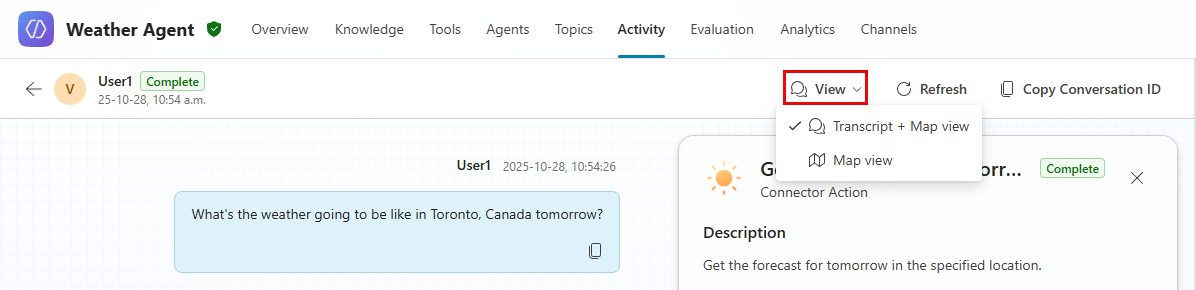 Microsoft Copilot Studio activity transcript and map view