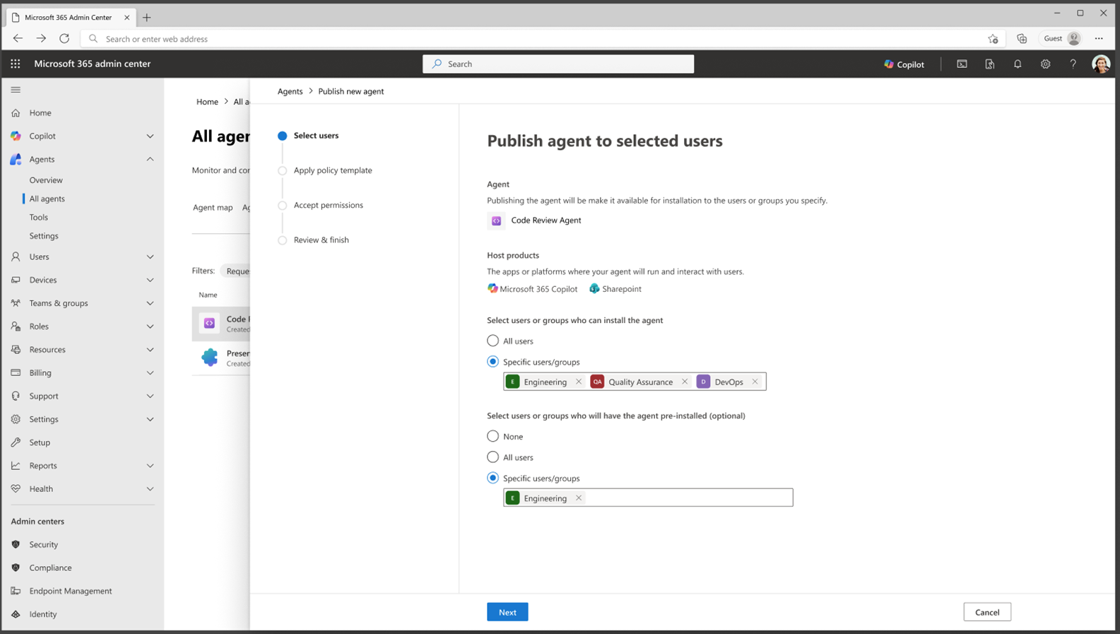 Microsoft 365 admin center publish agent workflow