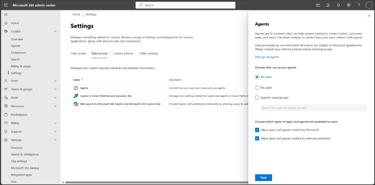Agent access settings in Microsoft 365 admin center
