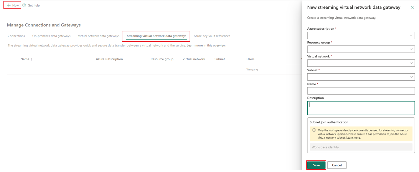 Create a streaming virtual network data gateway in Fabric
