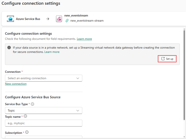 Eventstream wizard for private-network sources