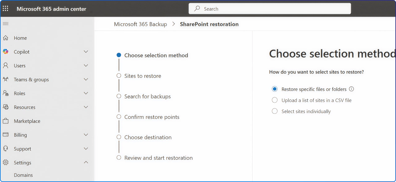 M365 ackup in the Admin Center