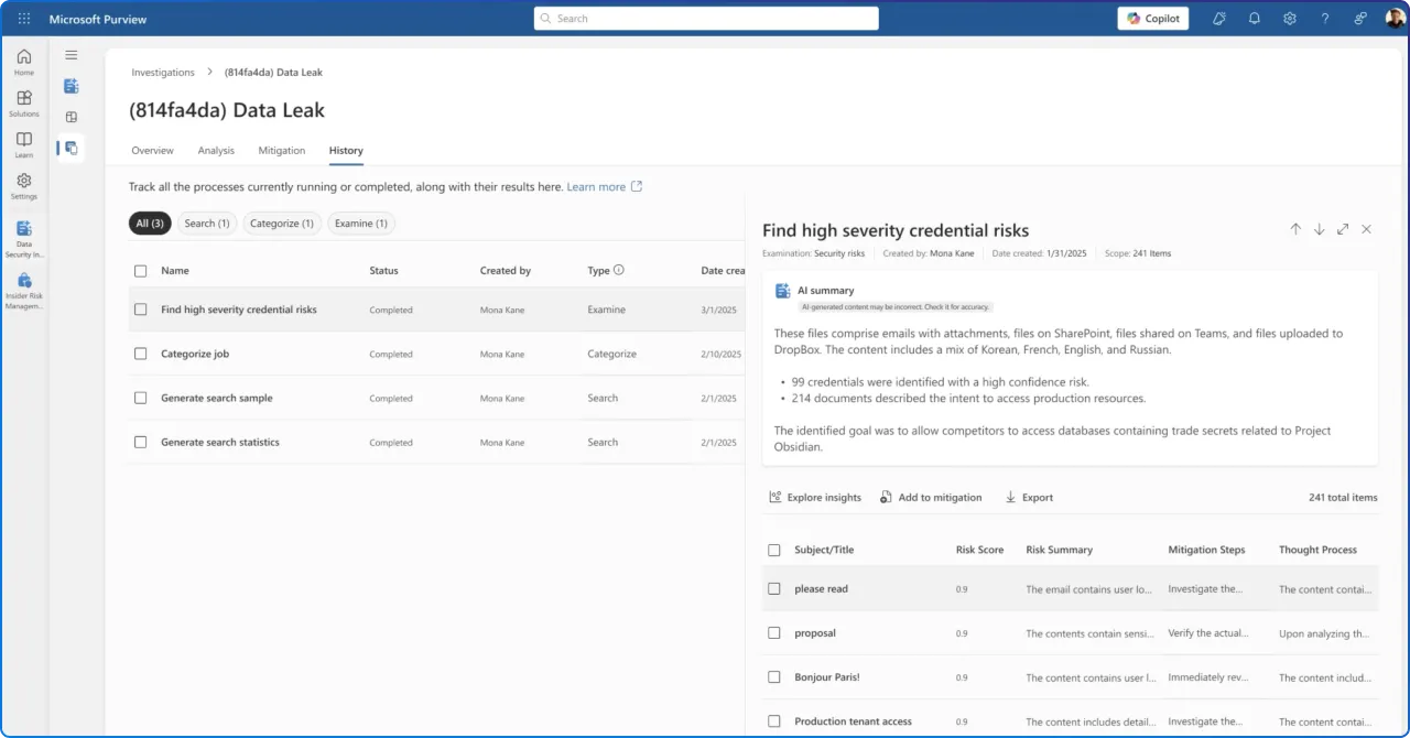 Purview Data Security Investigation Data Leak history with AI summary