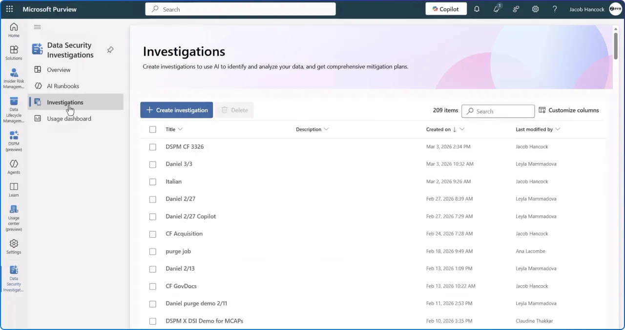Purview Data Security Investigations summary