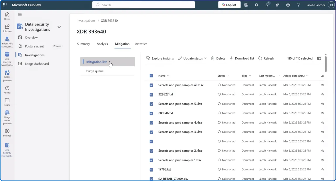 Purview Data Security Investigations mitigations list