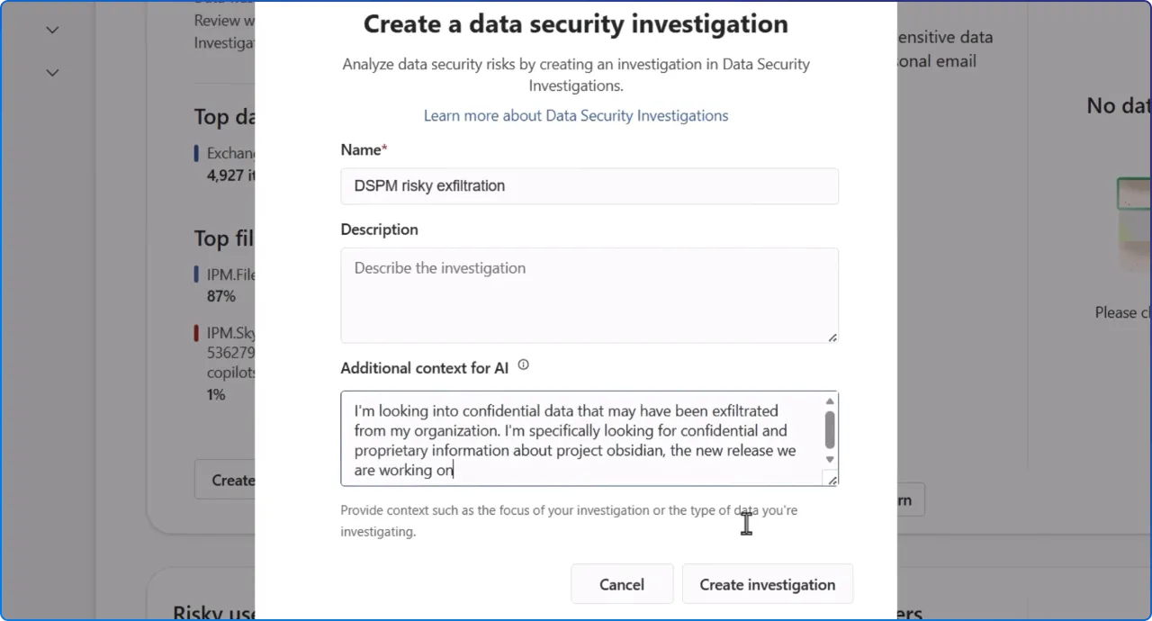 Purview Data Security Investigations - Create new investigation with additional context for AI description