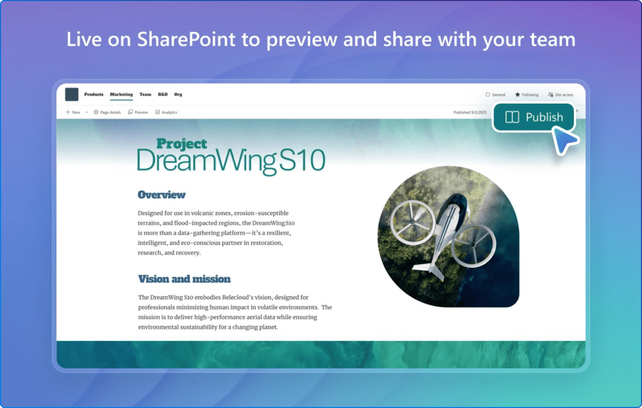 Live on SharePoint to preview and share with your team