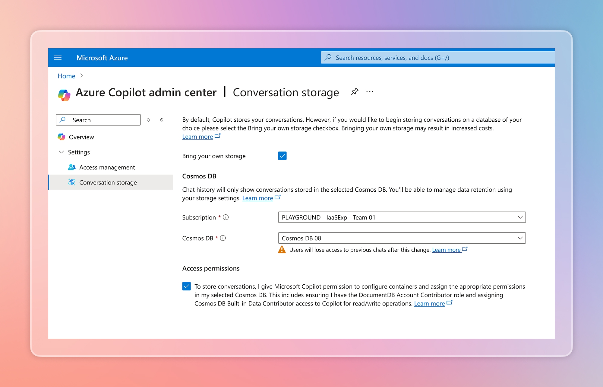 Azure Copilot admin center and conversation storage