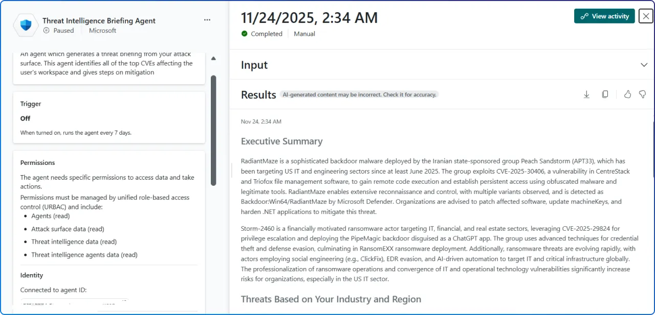 Microsoft Defender Security Copilot Threat Intelligence Briefing Agent