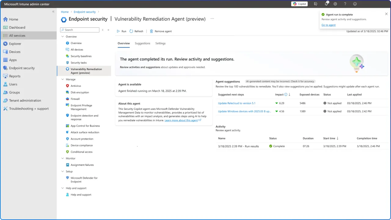 Microsoft Intune Security Copilot Vulnerability Remediation Agent