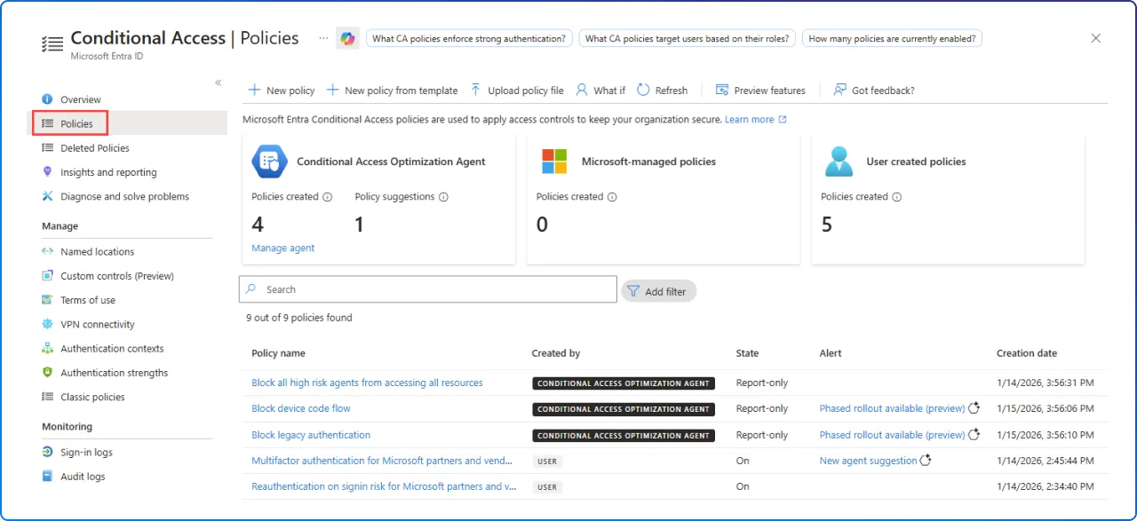 Microsoft Entra ID conditional access policies