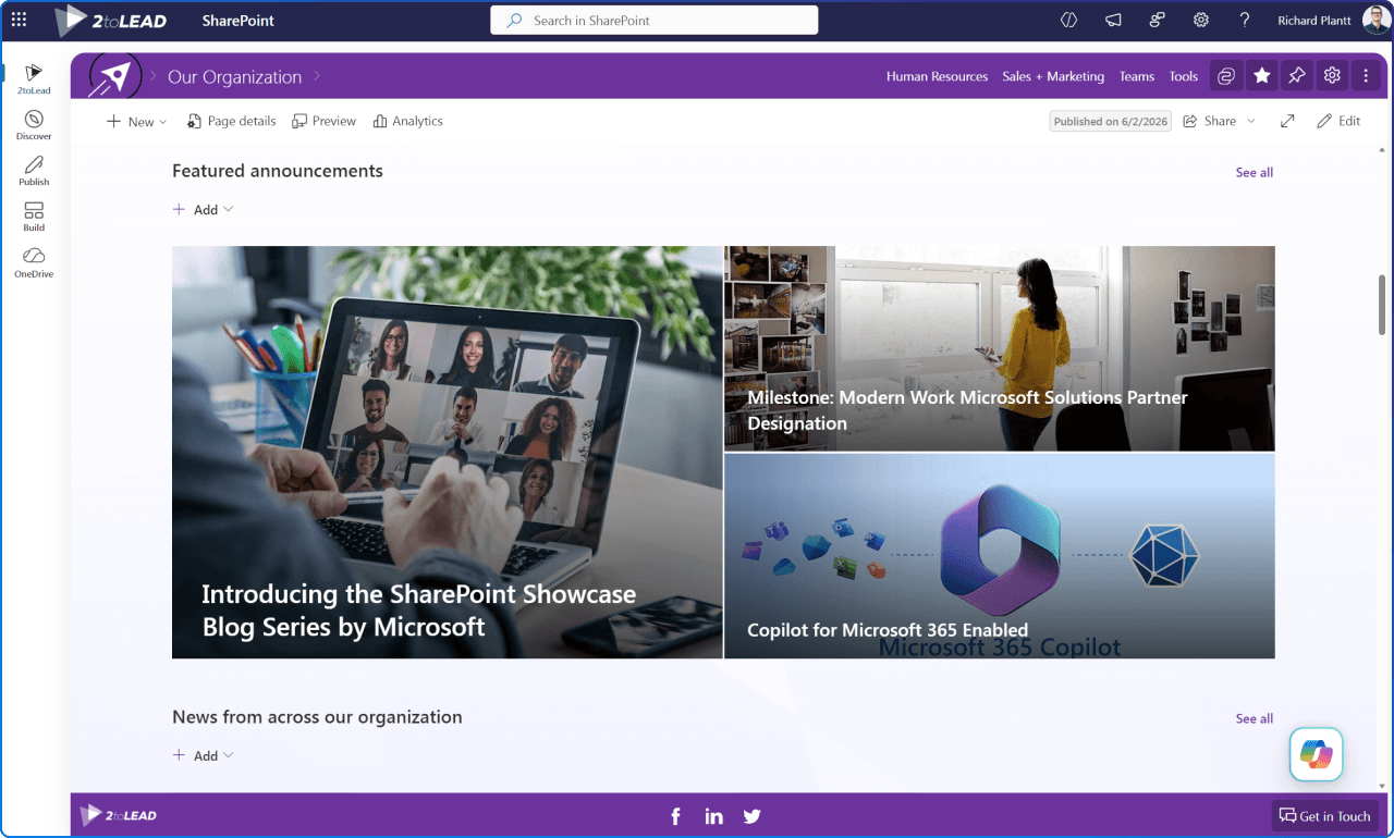 A SharePoint intranet homepage with news