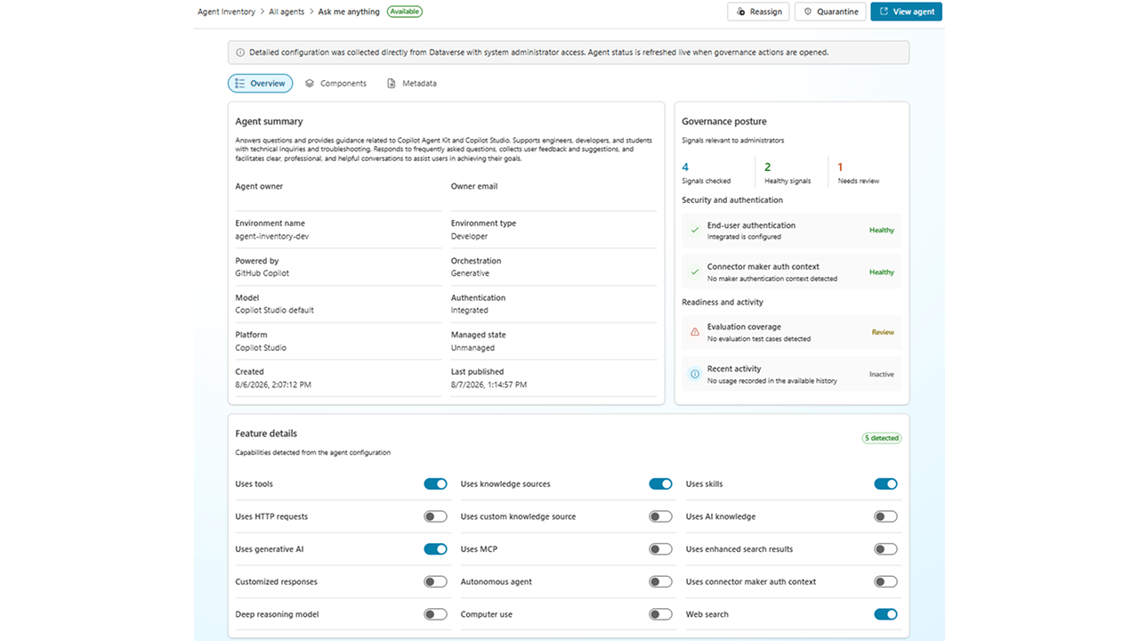 Agent Inventory V2 dashboard showing an agent's summary