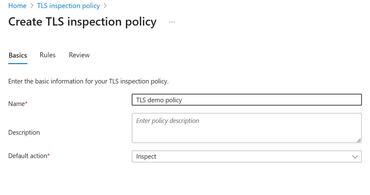 Microsoft Entra admin center TLS inspection policy creation screen.