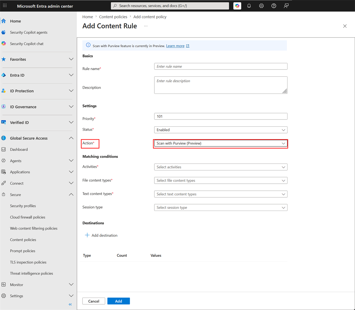Global Secure Access content policy rule configuration showing the Scan with Purview action option
