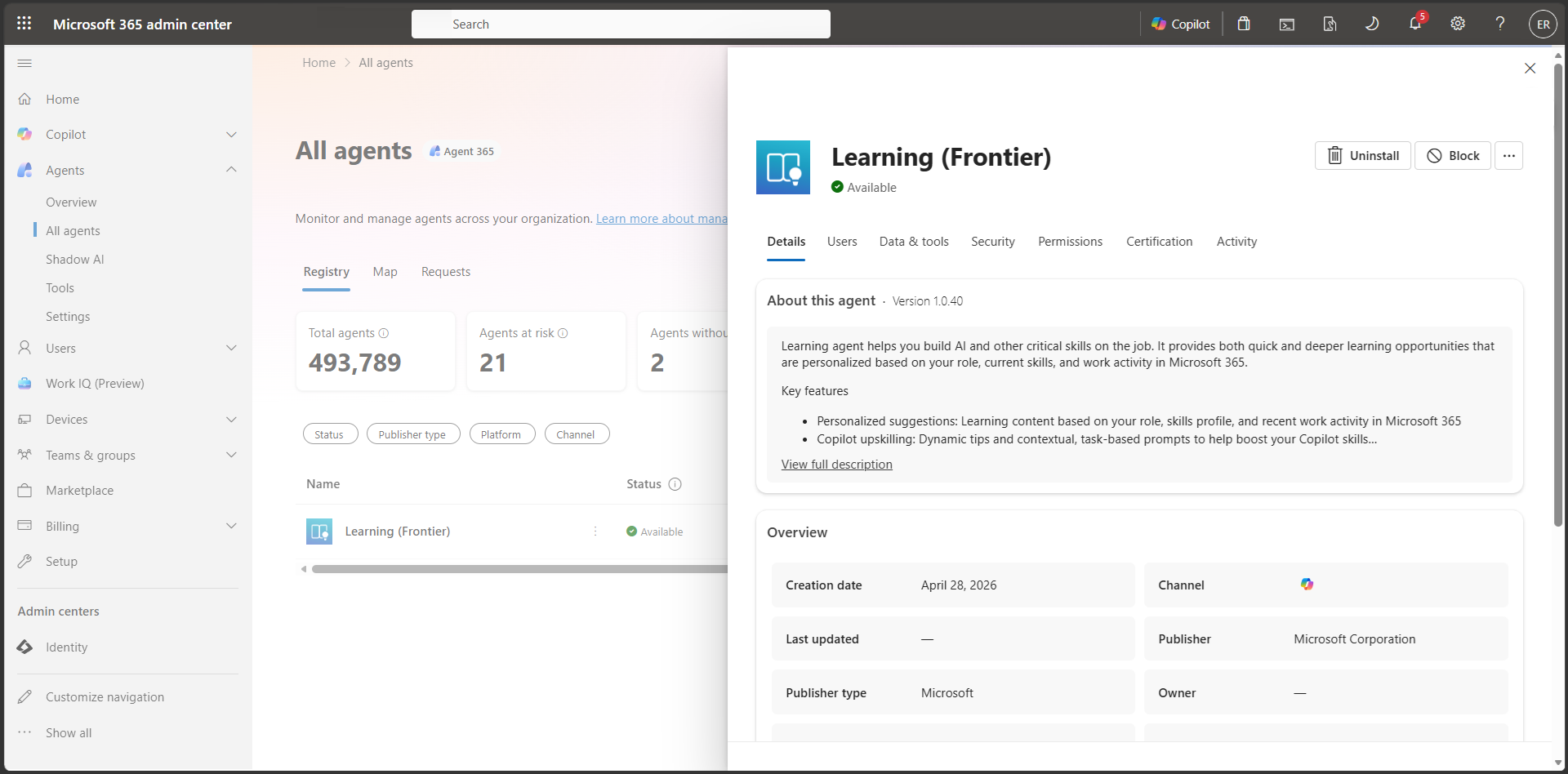 Agent details view (data sources, tools, connections) in Microsoft 365 admin center