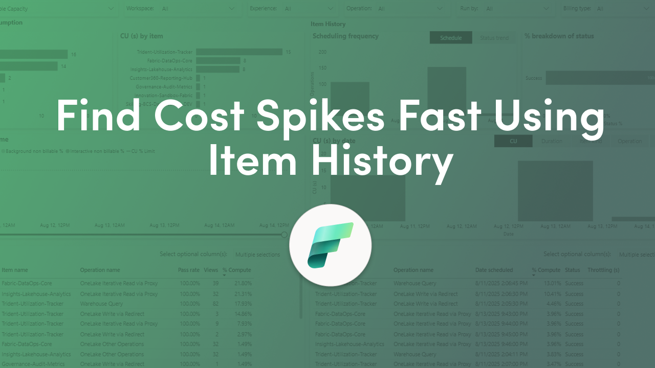 Microsoft Fabric Item History in the Capacity Metrics App shows 30 days of compute usage. Use its slicers to find cost spikes and tune workloads.