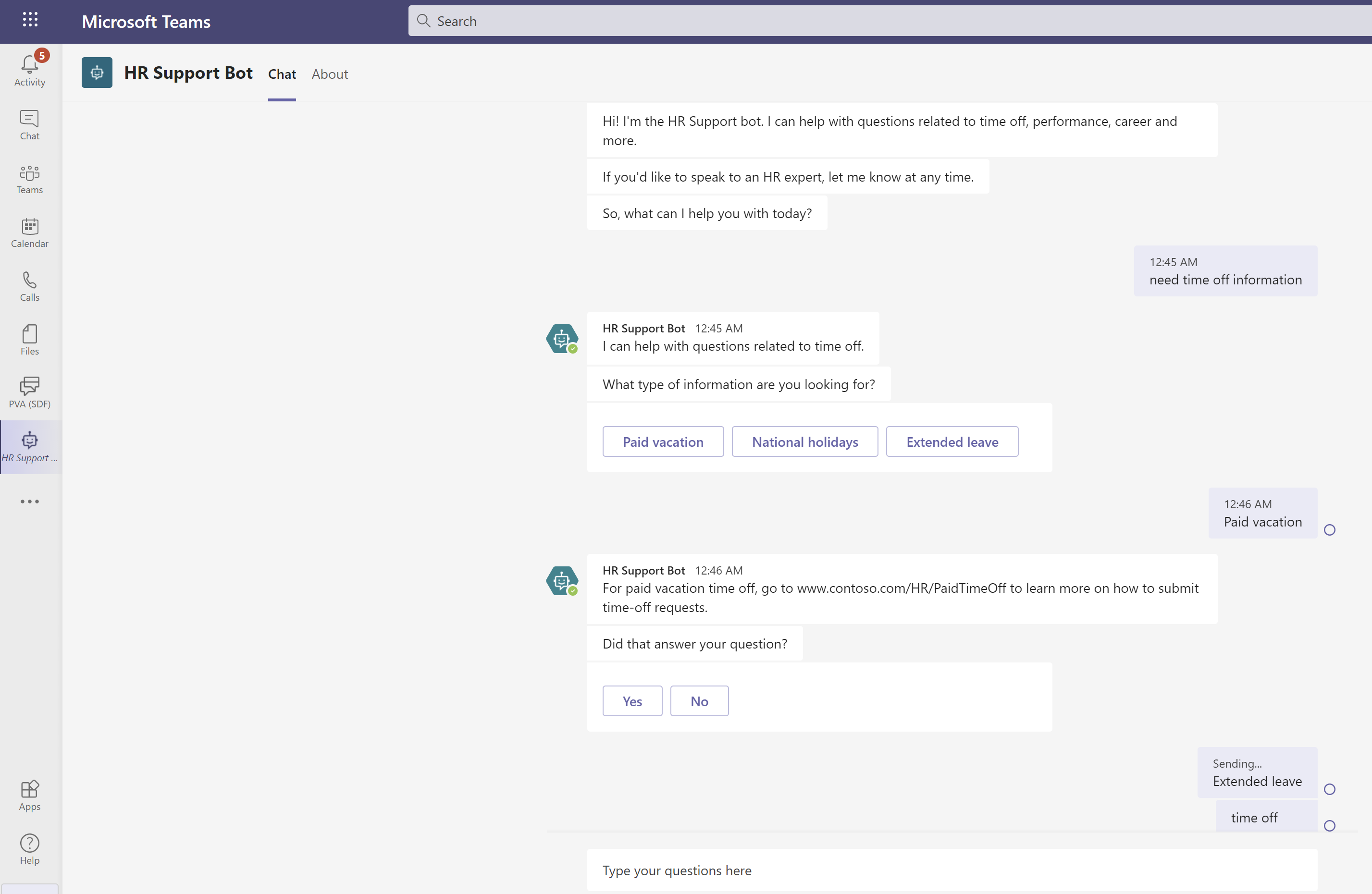 Classic Copilot Studio HR agent answering an employee question in Microsoft Teams