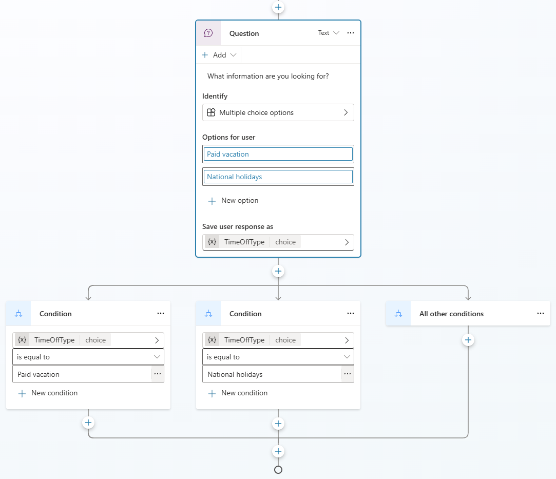Classic Copilot Studio topic with a question node and time-off options, edited in the web app