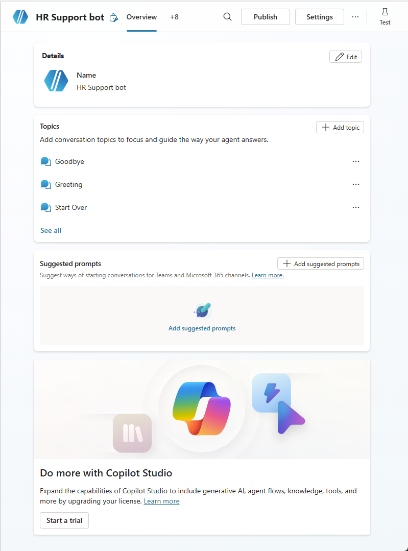 Copilot Studio web app agent overview page where makers manage classic agents after the Teams app retirement
