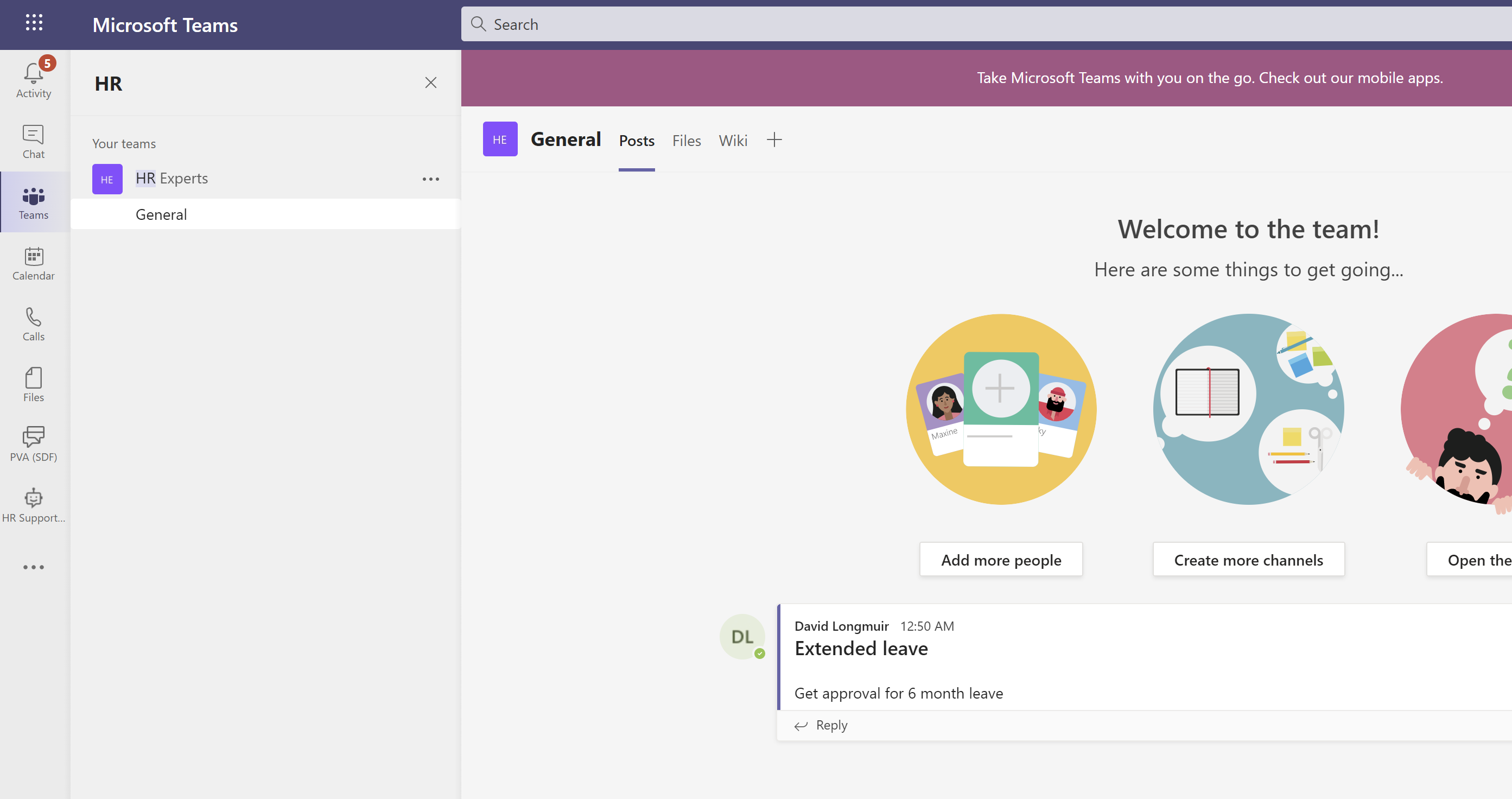 Copilot Studio agent escalating an employee request to an HR experts channel in Microsoft Teams