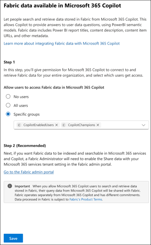 Microsoft 365 admin center Copilot settings page for Fabric data in Microsoft Copilot with options for no users, all users or specific groups