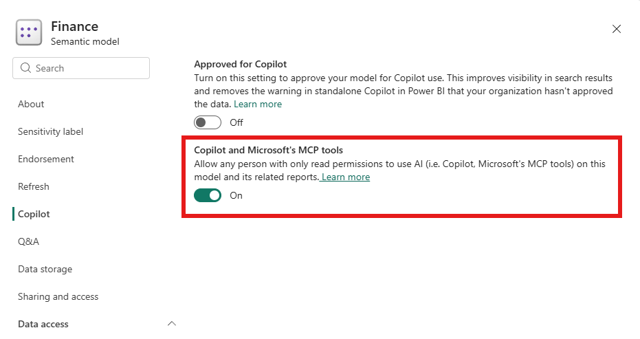 Power BI semantic model settings pane showing the Copilot setting that allows or blocks read-only users from using AI on the model