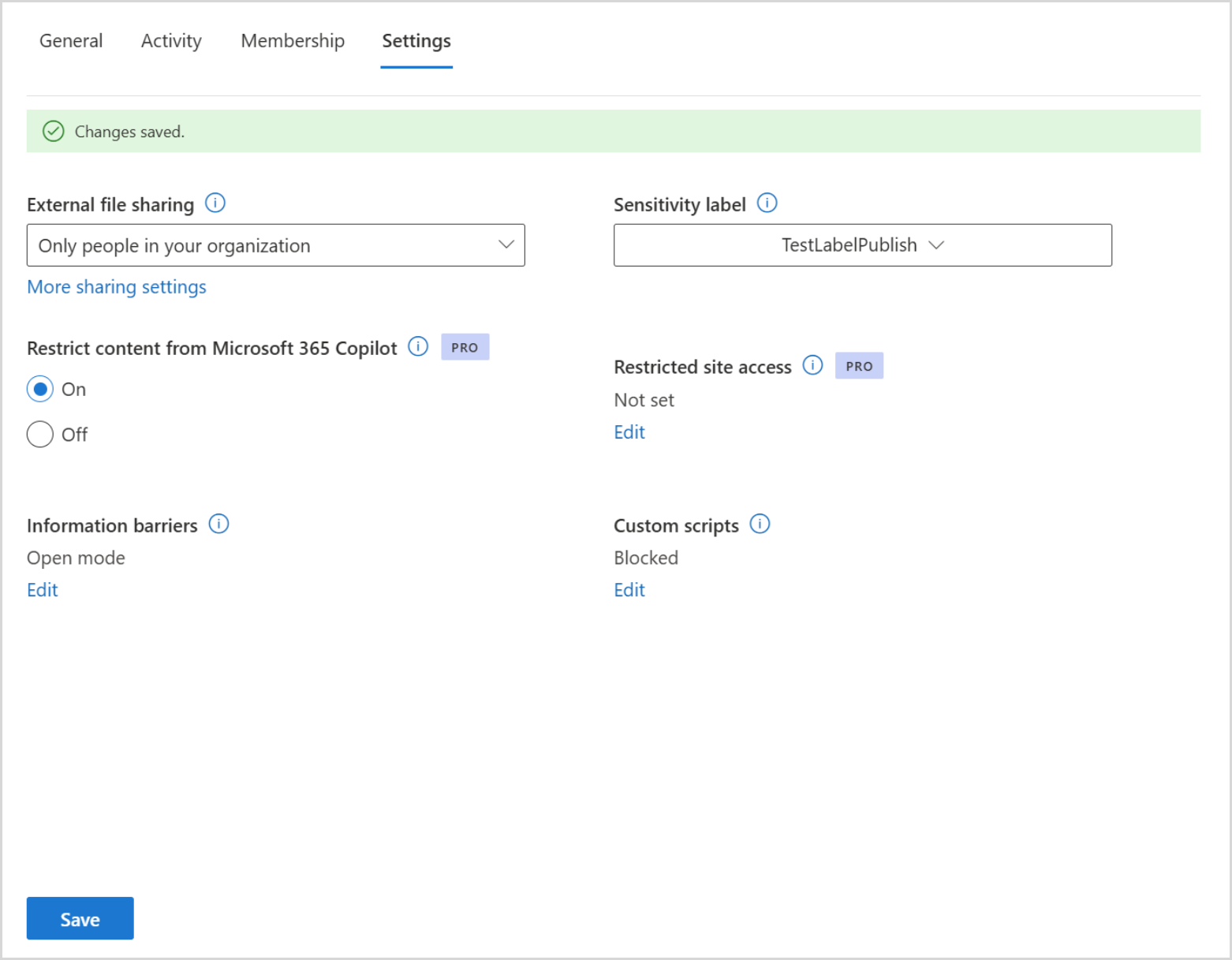 SharePoint admin center Settings tab for an active site with Restrict content from Microsoft 365 Copilot set to On to enable Restricted Content Discovery