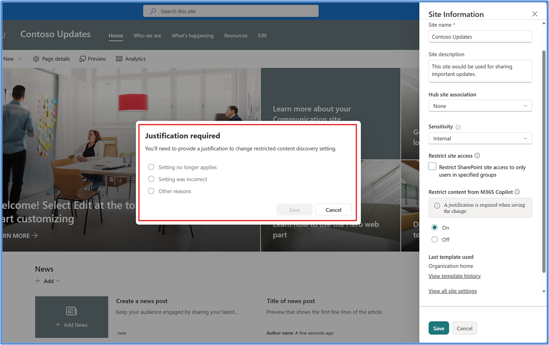 Justification required dialog shown to a site admin who changes the Restricted Content Discovery setting