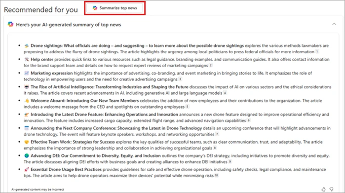 Copilot Summarize top news button and AI-generated summary of top SharePoint News posts in the SharePoint app for Teams
