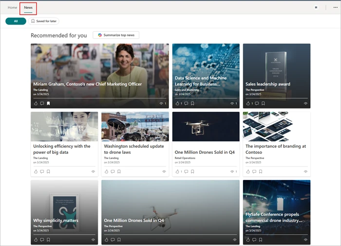 News tab in the SharePoint app for Teams showing SharePoint News posts as cards