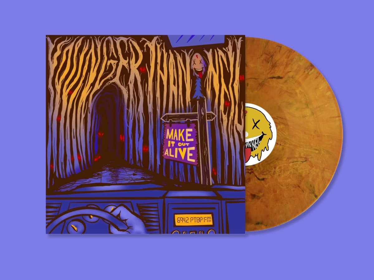 An album cover Jey drew for Younger Than Neil featuring hand drawn illustration from the point of view of a driver of a car down a windy back road through the forest. The band name "Younger then Neil" is spelled out in the branches of the trees. A vaguely threatening sign reads "make it out alive". Red eyes glow in the shadows of the trees. The art is on a yellow vinyl album.