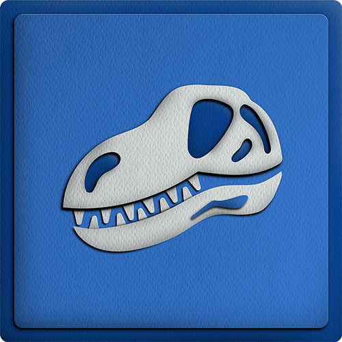 White stylized dinosaur skull icon on a textured blue square background.