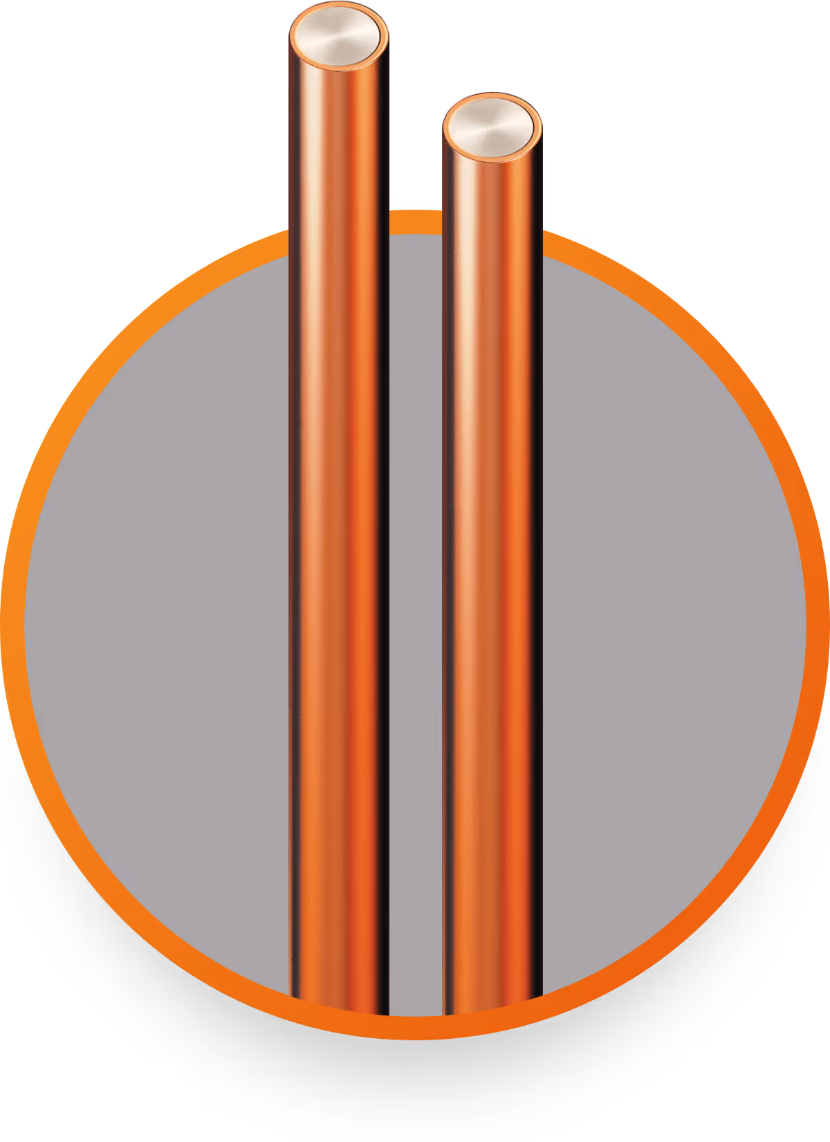 Two vertically standing copper wires with metallic core inside an orange-bordered gray circle.