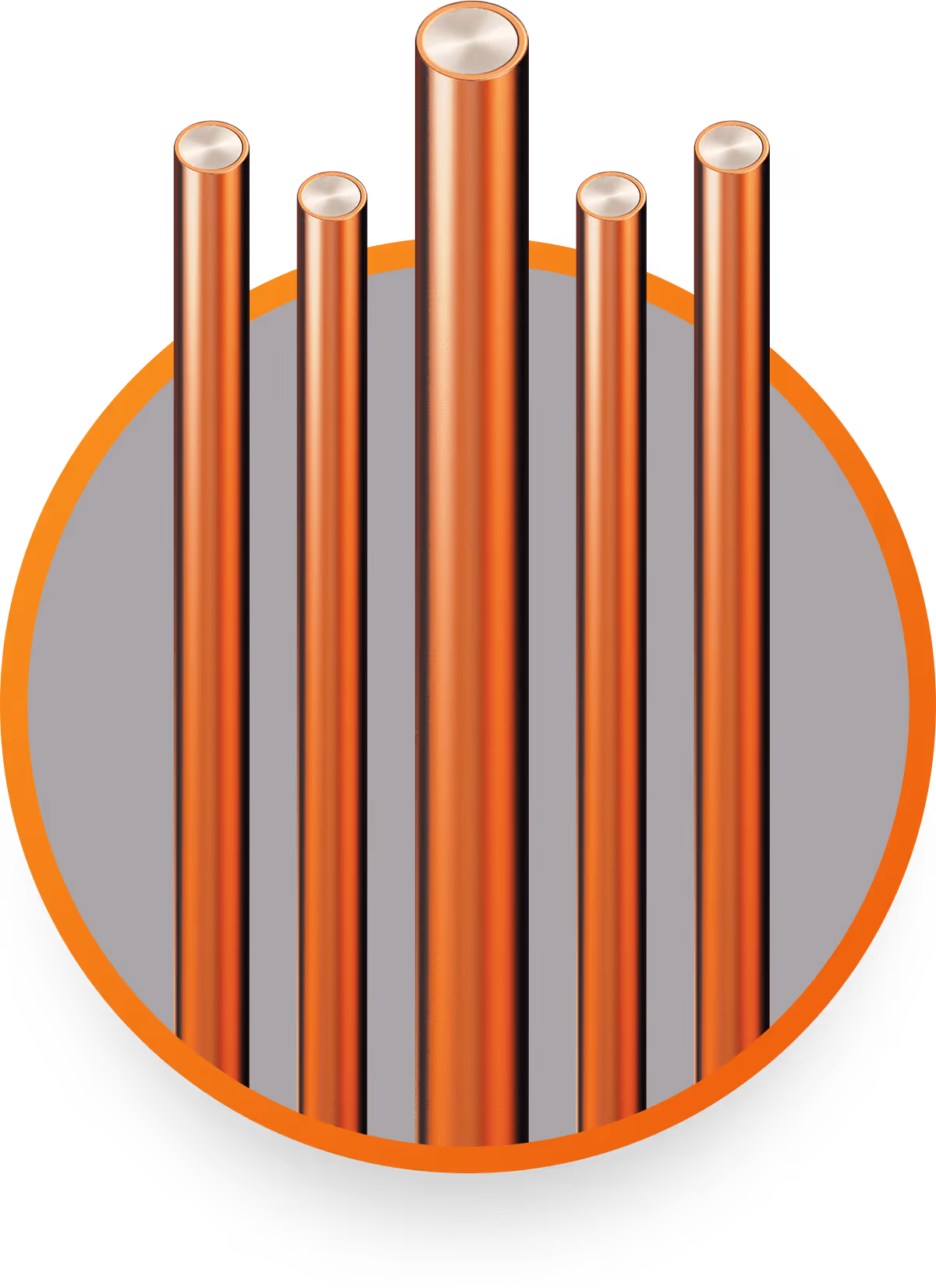 Five copper wires with silver-colored cores arranged inside a circle with an orange border.