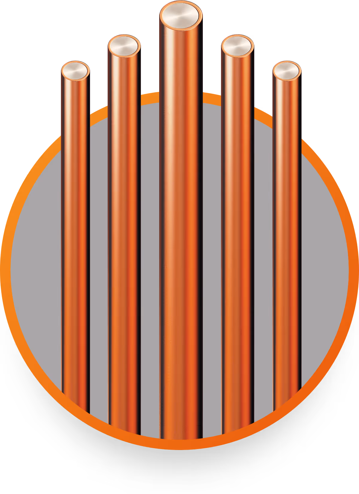 Short copper wires with silver-colored centers inside an orange-edged gray circle.