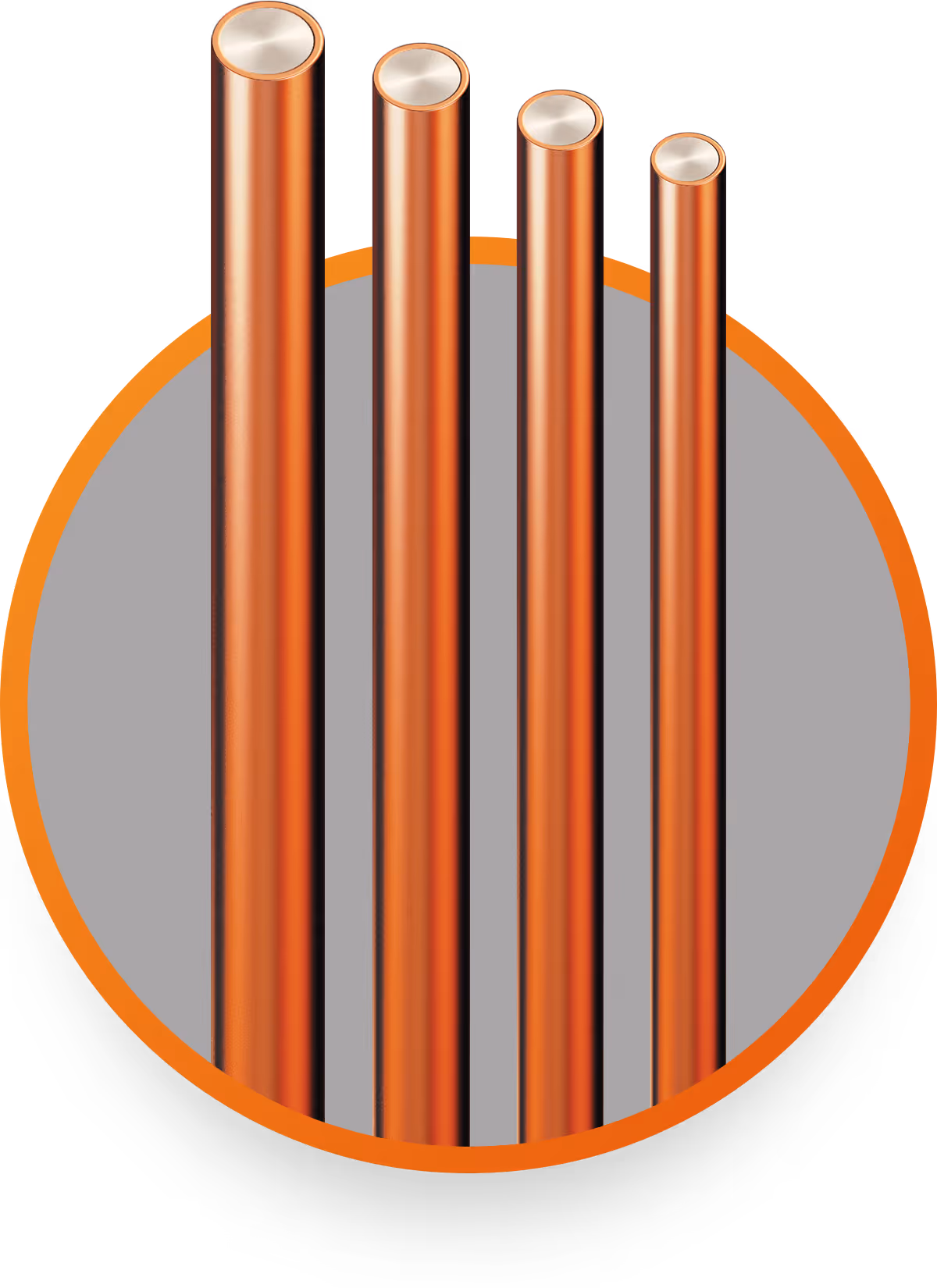 Four vertical copper wires with silver-colored cores inside an orange-bordered circle on gray background.