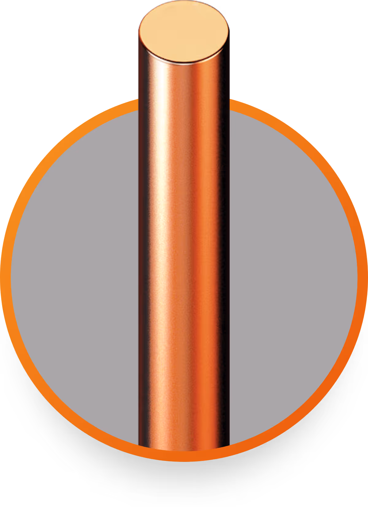 Shiny copper metal rod with a polished surface inside an orange-bordered gray circle.