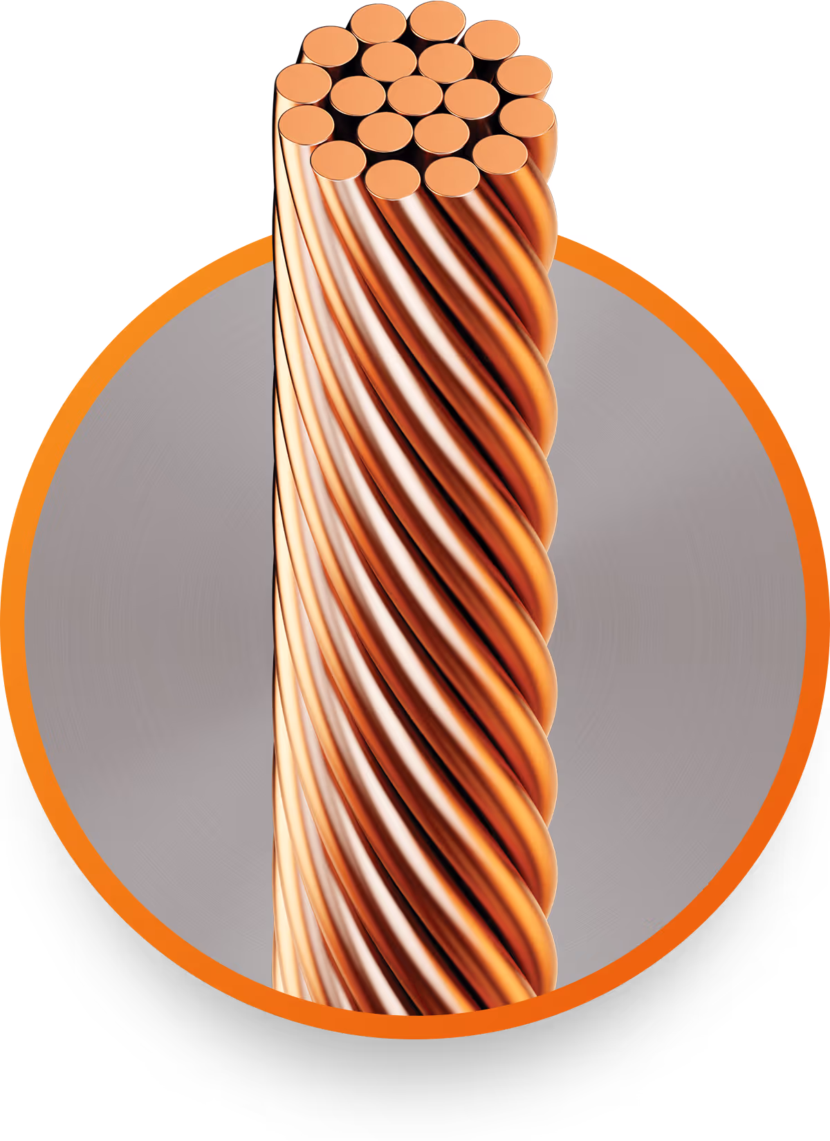 Close-up of a bundle of copper wires twisted together inside an orange circle frame.